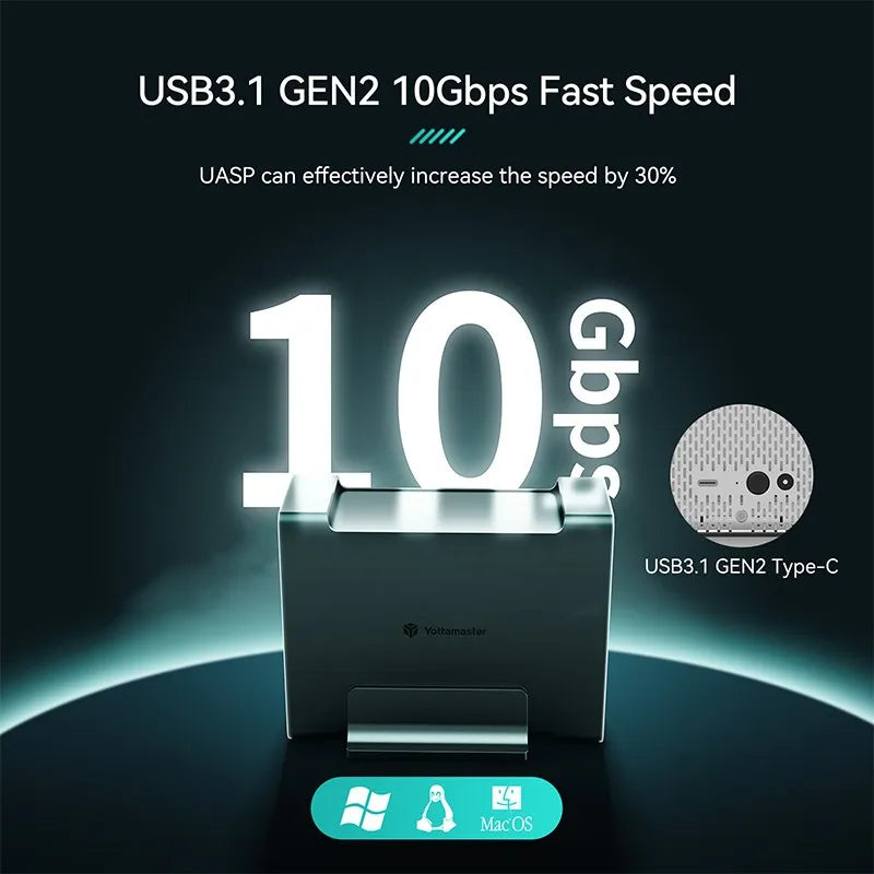 Yottamaster 1/2 Bay RAID Hard Drive Enclosure — 2.5"/3.5" SATA SSD/HDD External Case USB 3.1 Type-C 10Gbps, Supports Up to 2×16TB