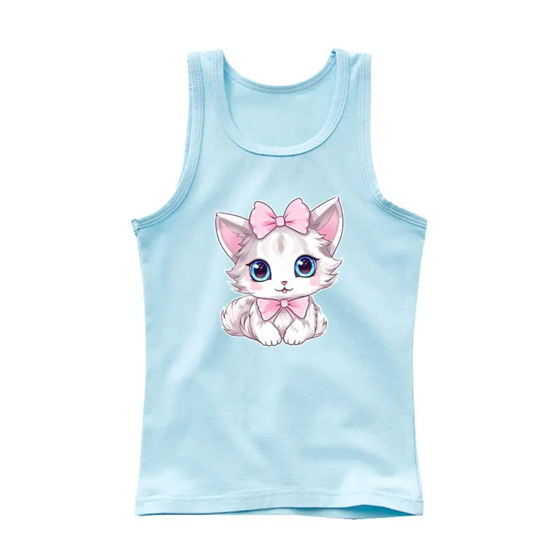 Girls Owl Print Tank Top - Sleeveless Cotton Sports Vest Shirt for Kids 3-14 Years