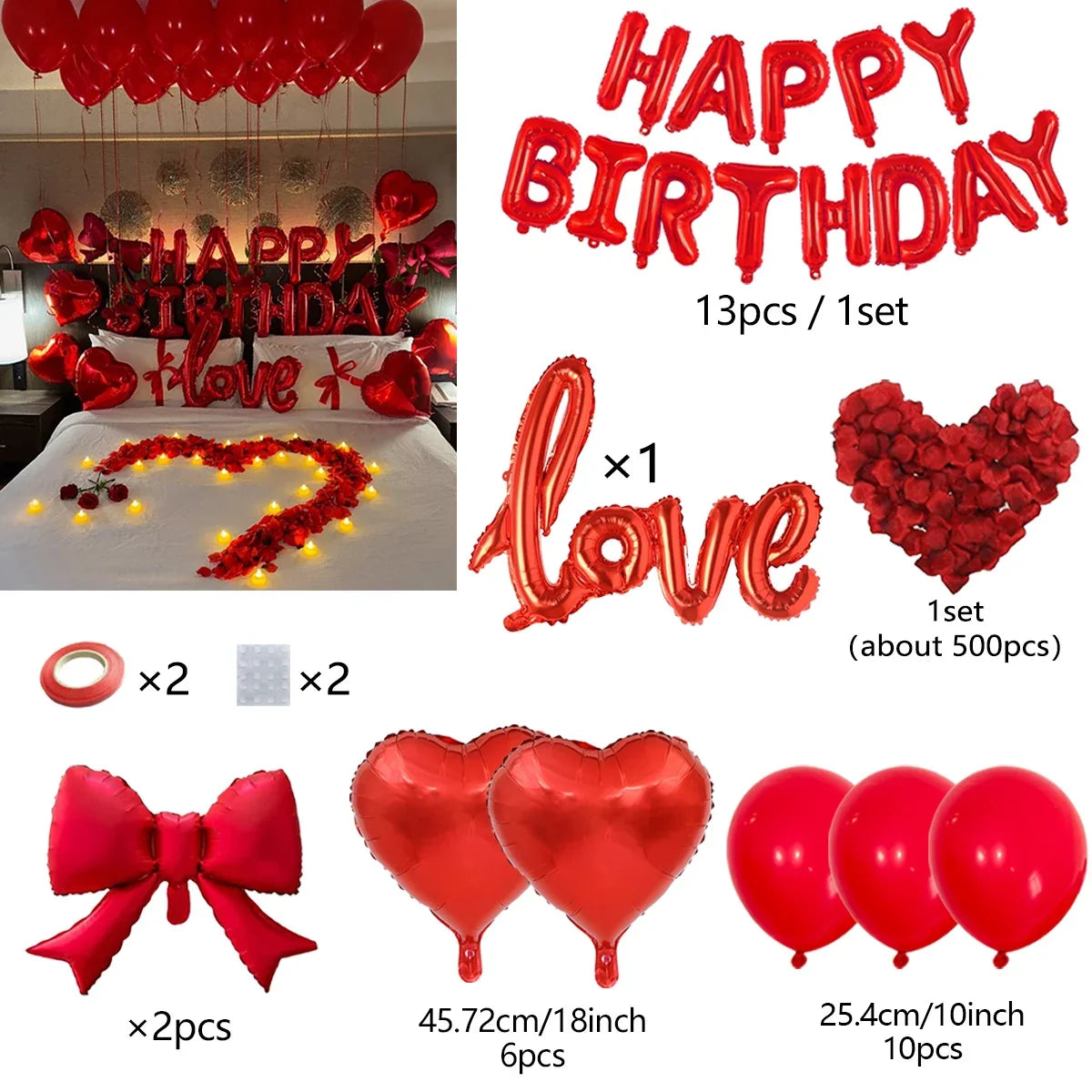 Red Birthday Balloon Set - Heart Foil Balloons with Bow & Simulated Rose Petals for Valentine’s Day Party Decor