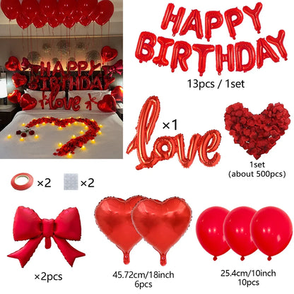 Red Birthday Balloon Set - Heart Foil Balloons with Bow & Simulated Rose Petals for Valentine’s Day Party Decor