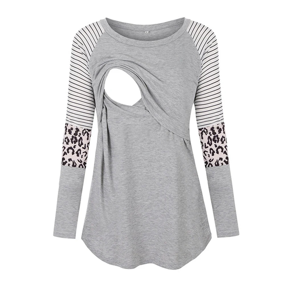 Women’s Maternity Nursing Top – Long Sleeve Patchwork Color Blouse for Breastfeeding