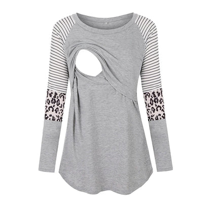Women’s Maternity Nursing Top – Long Sleeve Patchwork Color Blouse for Breastfeeding
