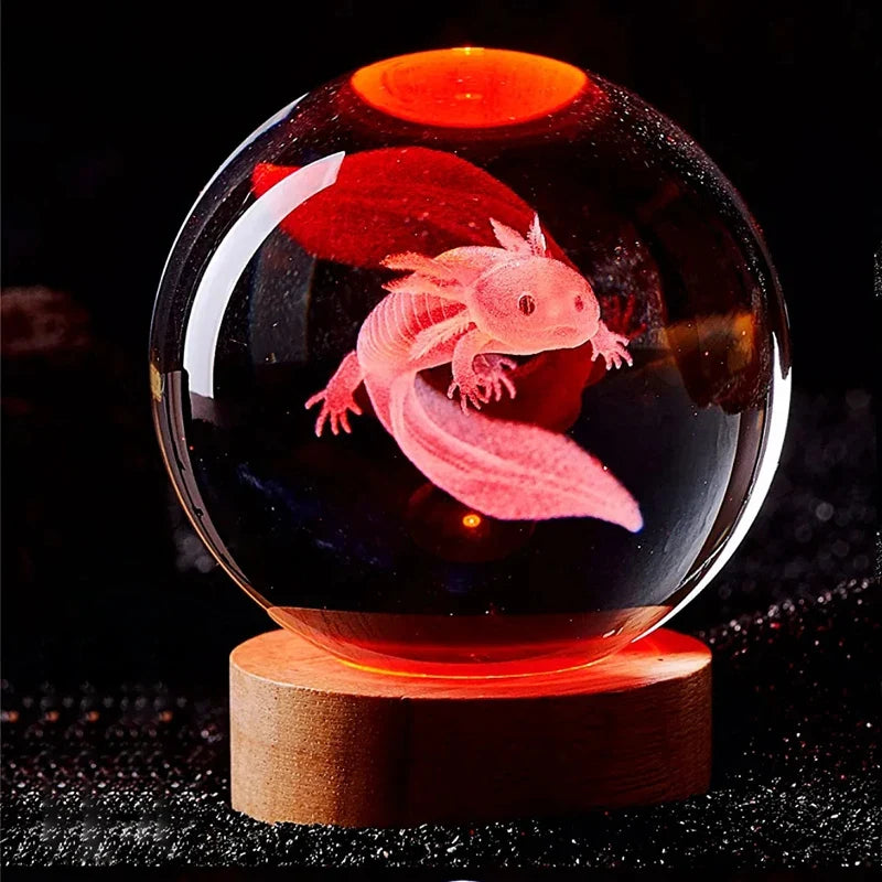 3D Axolotl Crystal Ball Night Light - Laser Engraved Colorful LED Birthday Gift & Cute Home Decoration