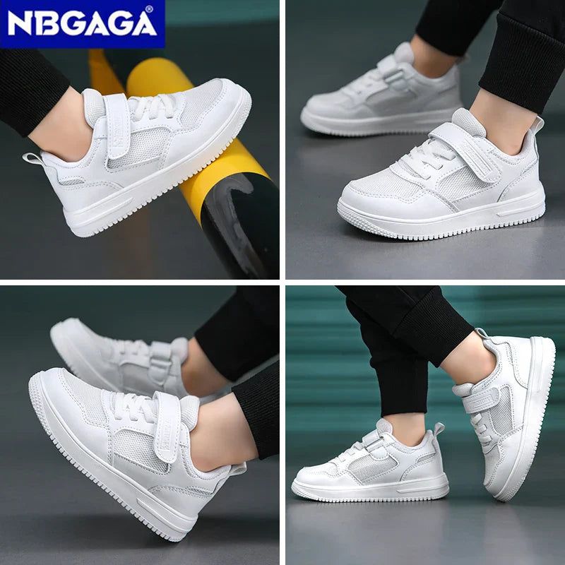 Kids' Black Leather Sneakers – Non-Slip Casual Walking & Tennis Shoes for Boys and Girls