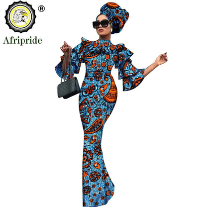 African Bazin Riche 2-Piece Dress Set - Plus Size Bodycon Dress with Headwrap for Women