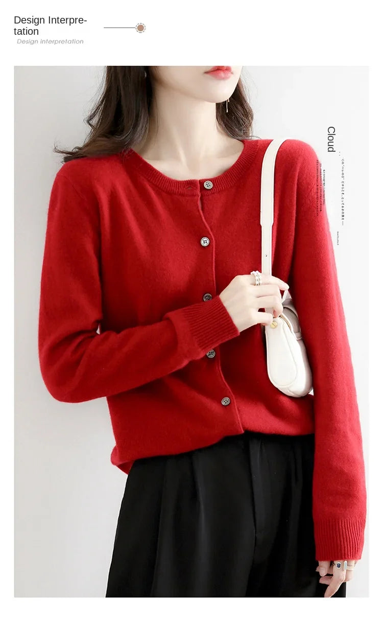 Women’s Solid Color Knit Cardigan - Spring Autumn Round Neck Worsted Sweater ZD-021