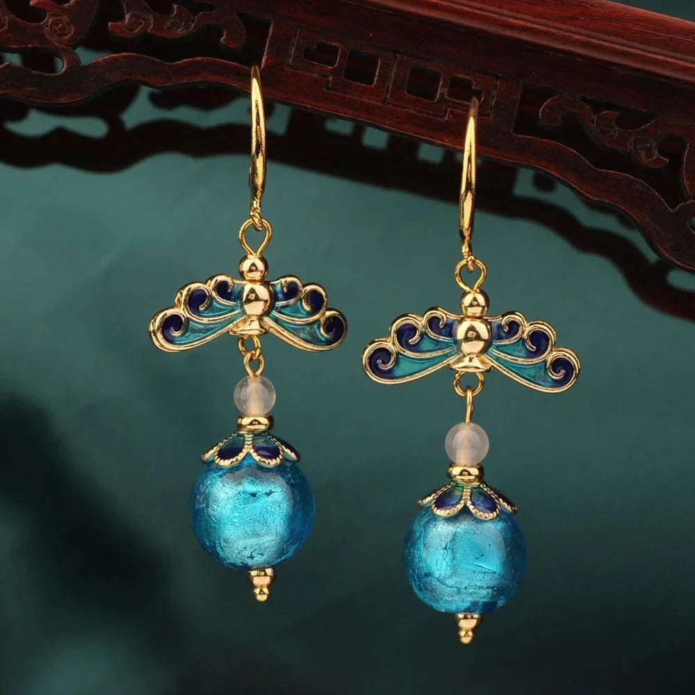 Vintage Flower Drop Earrings - Natural Stone Ethnic Jewelry for Women