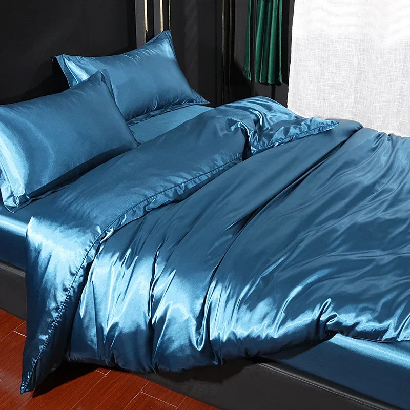 Silk Bedding Set With Duvet Cover - Luxury Satin Bed Sheet Pillowcase Set Solid Color King Queen Twin Size