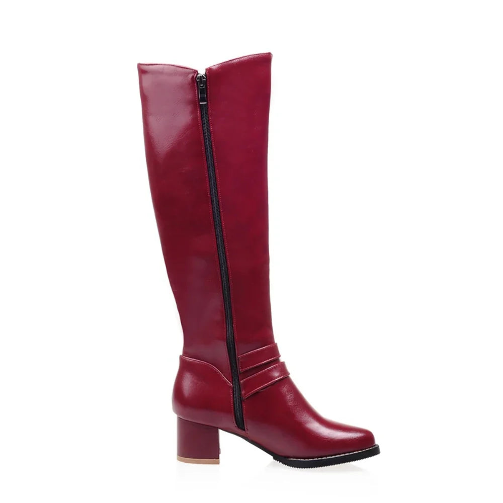 Women's Knee High Riding Boots - Winter Glamour Brown Red Chunky Heel Fashion Boots Plus Size Footwear