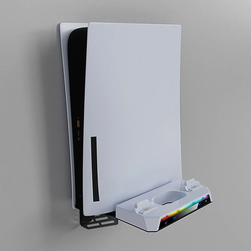 PS5 & PS5 Slim Wall Bracket Dual Controller Charger – RGB LED Metal Wall-Mounted Stand for Disc & Digital Editions