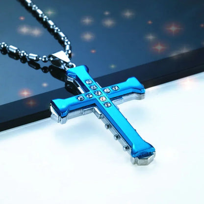 2024 Men’s Crystal Jesus Cross Pendant Necklace – Stainless Steel Zirconia Cross Jewelry in Gold, Black & Blue Color Options