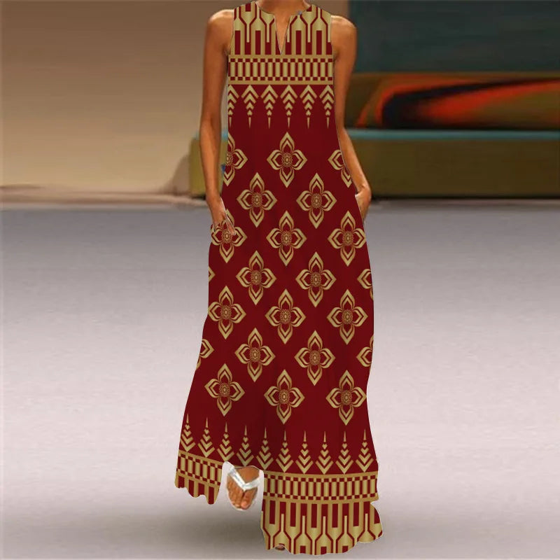 Vintage Boho Maxi Dress - Women's Summer V Neck Sleeveless Long Sundress with Pockets