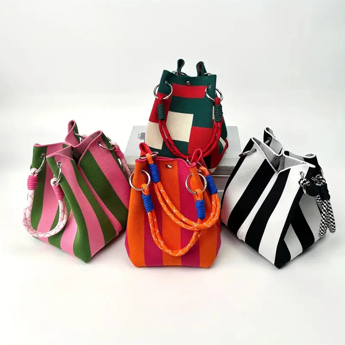 Multicolor Knitted Retro Bucket Handbag – Color-Block Casual Tote Bag, Lightweight & Versatile Everyday Carry Purse