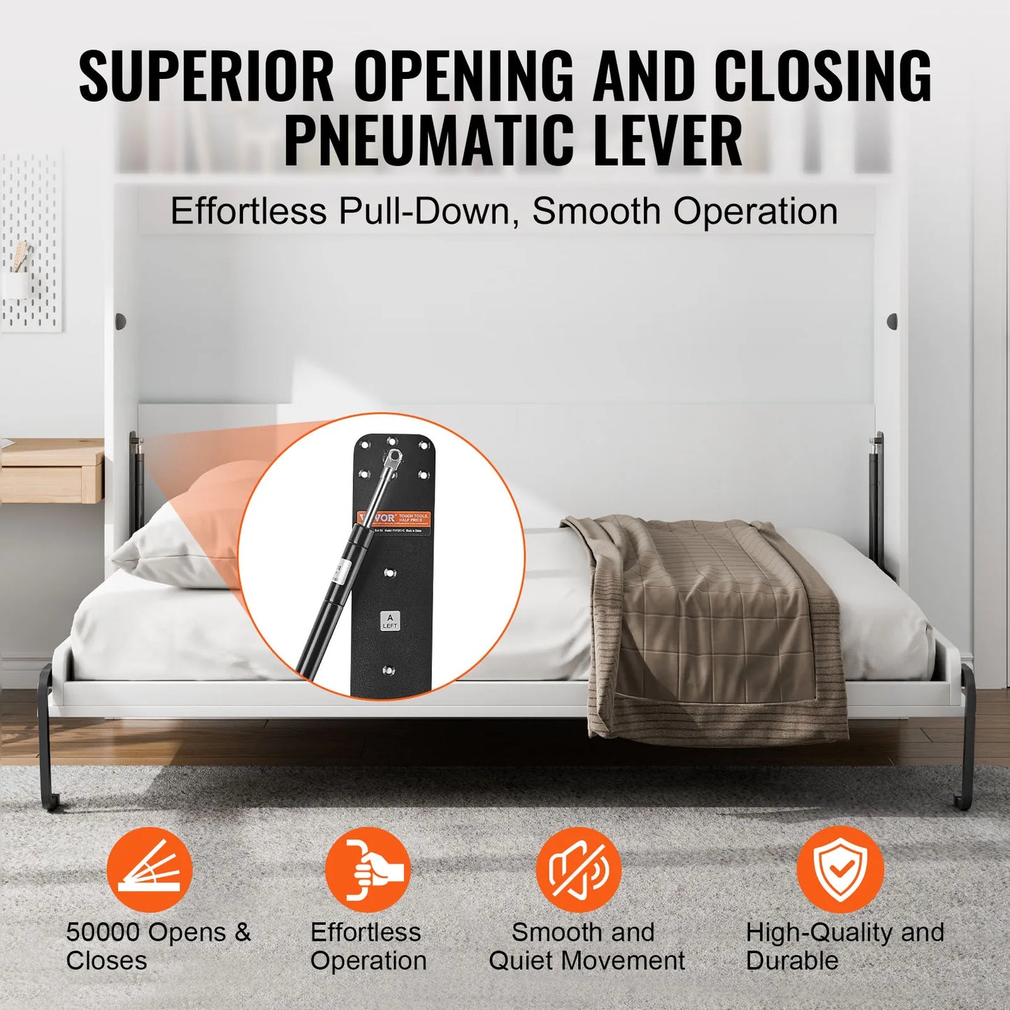 Full Size Wall Bed Hardware Kit - Heavy Duty Vertical Mechanical Lift Frame with Pneumatic Lever System for Guest Rooms