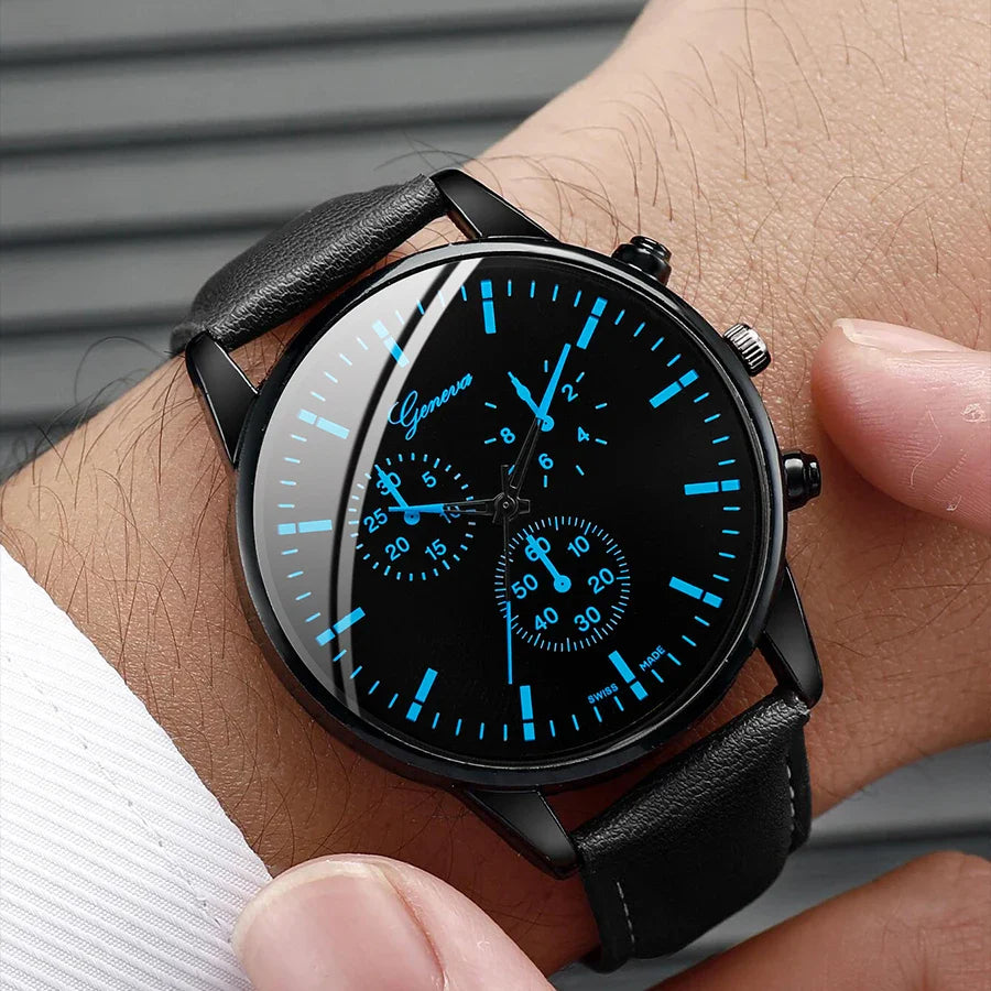 Men’s 3PCS Watch Set – Quartz Analog Business Watch with Leather Band, Necklace & Bracelet Gift Set