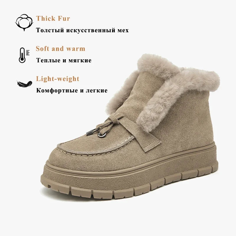 BEAUTODAY Women’s Winter Snow Boots - Cow Suede Platform Boots with Warm Fur, Round Toe & Handmade Sewing Design