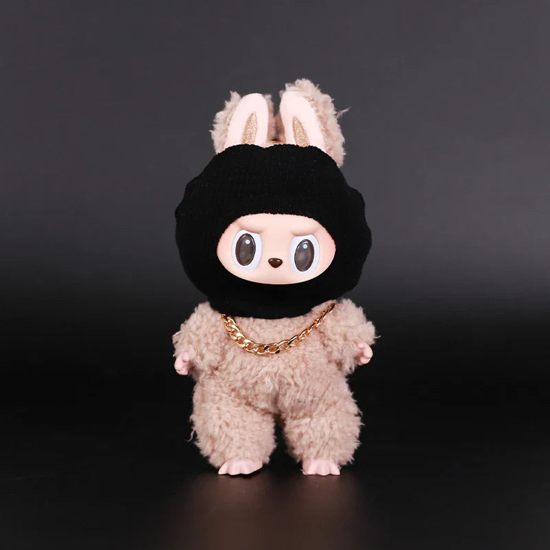 Labubu Doll Accessories – Trendy Black Knit Hat & Necklace Set, Cute and Funny Street Fashion Style