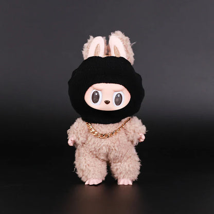 Labubu Doll Accessories – Trendy Black Knit Hat & Necklace Set, Cute and Funny Street Fashion Style