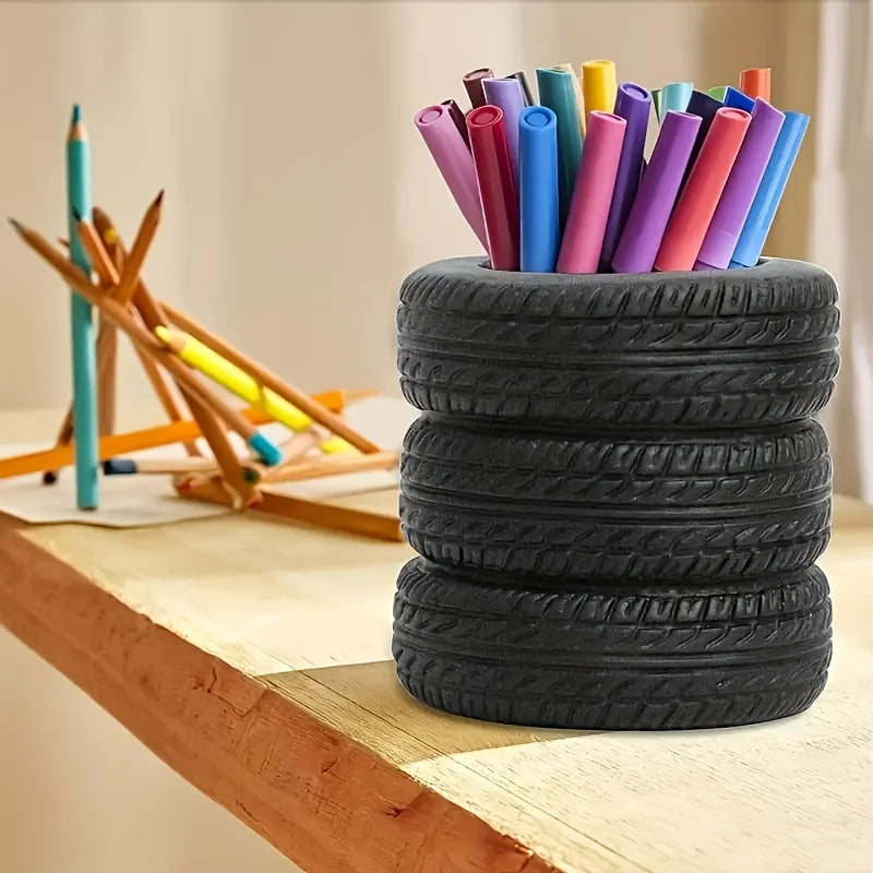 Tire Shaped Pen Holder - Creative Desktop Organizer for Pens, Office Supplies & Decorative Storage