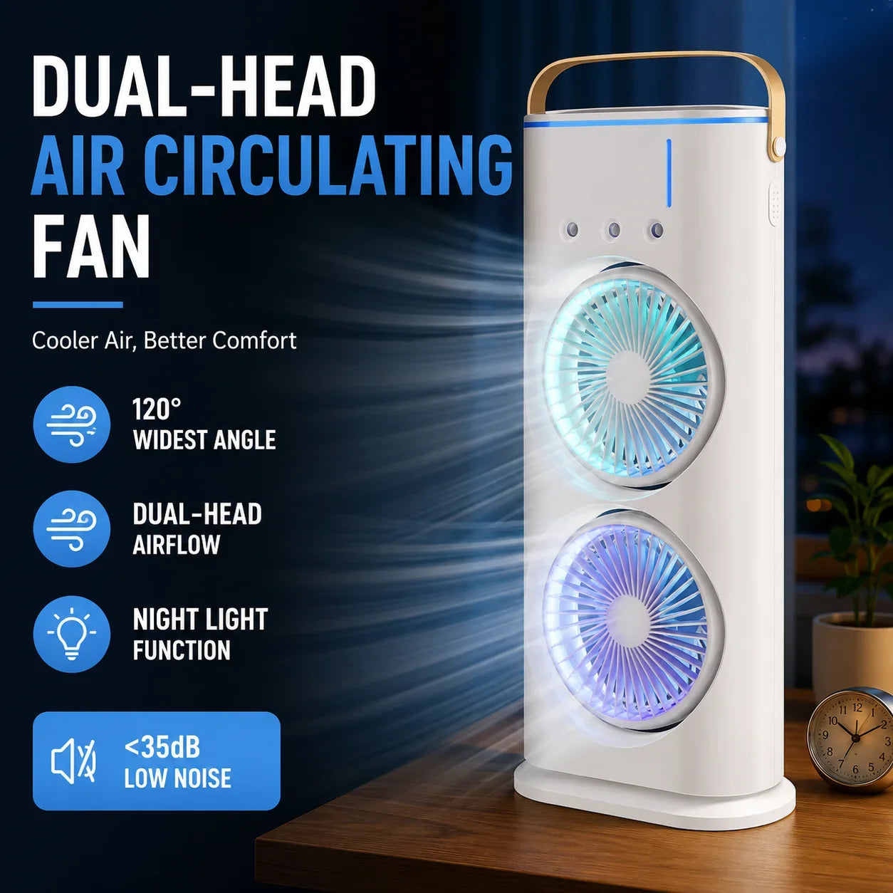 3-in-1 Portable Air Cooler Fan - Dual Head Cooling Fan with LED Night Light & Humidifier for Home and Office