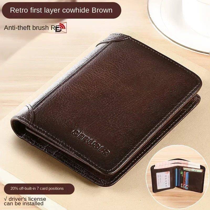 Genuine Leather Men’s RFID Blocking Trifold Wallet – Vintage Thin Short Multi-Function Card Holder ID Window Male Purse Money Wallet