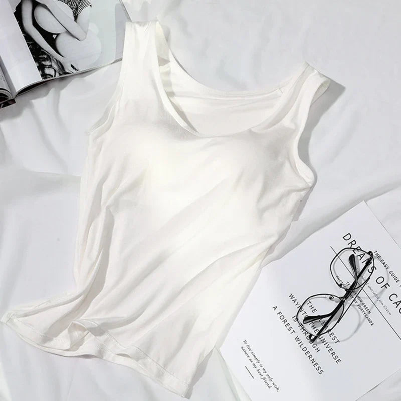 Women’s Built-In Bra Tank Top - Solid Color Padded Slim Fit Vest Shirt for Casual, Sexy & Everyday Wear