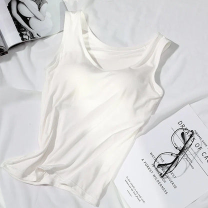 Women’s Built-In Bra Tank Top - Solid Color Padded Slim Fit Vest Shirt for Casual, Sexy & Everyday Wear