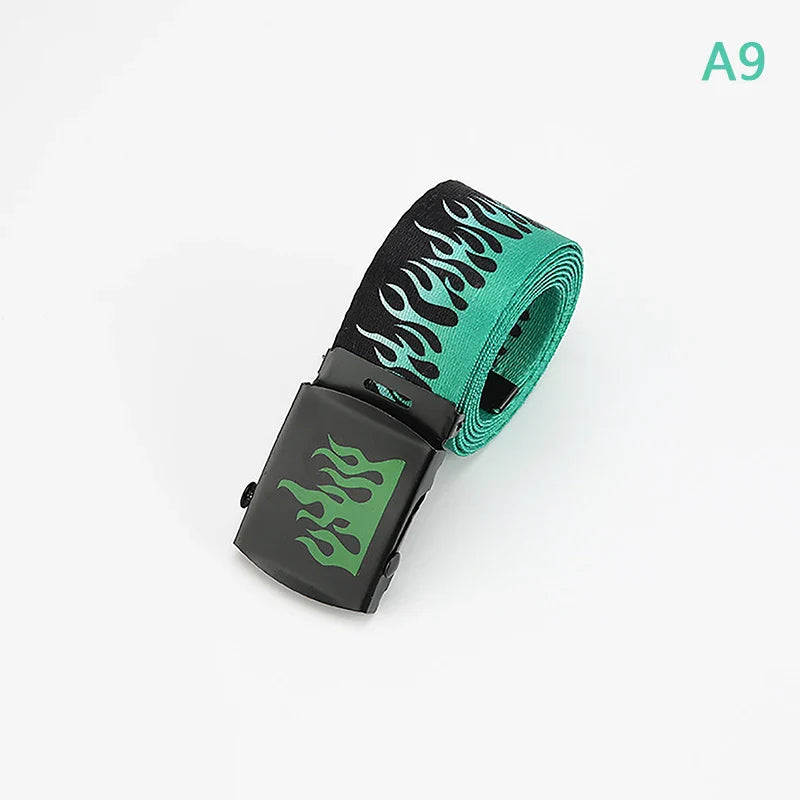 Hip Hop Fashion Canvas Belt – Personalized Flame Design, Casual & Punk Cowboy Belt for Men & Women