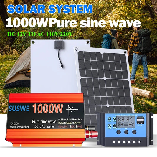 1000W Solar Power System Kit - 600W Solar Panel, 12V to AC 110V/220V Inverter & 100A Charge Controller