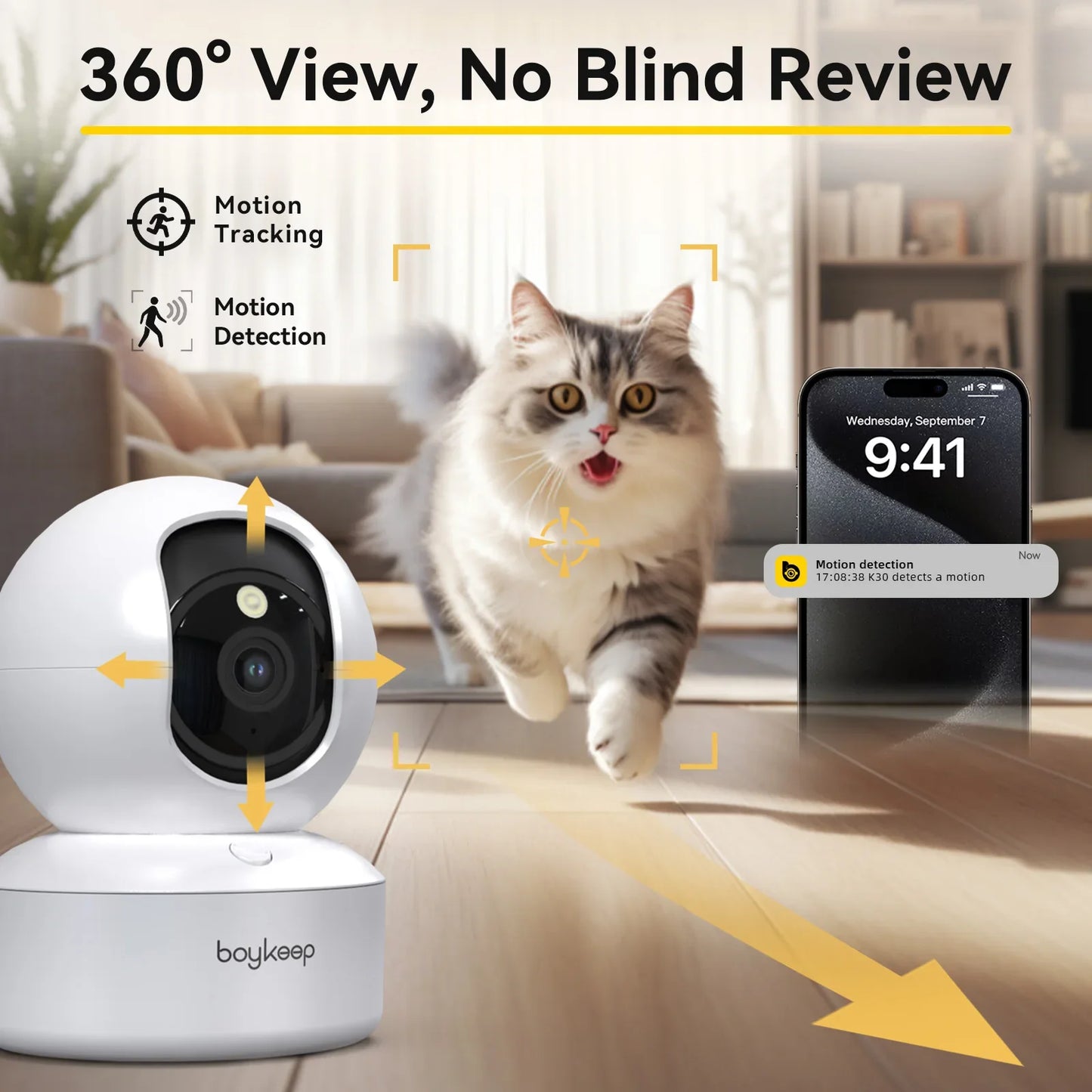 Boykeep 2K Pet & Baby Security Camera – 360° Pan/Tilt WiFi Indoor Camera with 5G/2.4GHz, Two-Way Audio & Night Vision