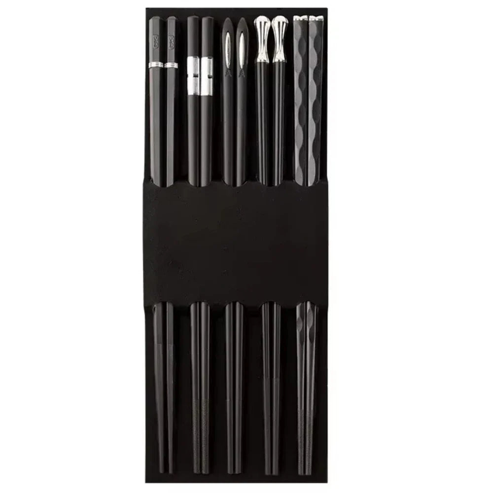 5 Pairs Japanese Reusable Chopsticks – Black Sushi Sticks for Food, Noodles, Alloy Chinese & Korean Kitchen Tableware