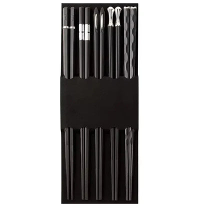 5 Pairs Japanese Reusable Chopsticks – Black Sushi Sticks for Food, Noodles, Alloy Chinese & Korean Kitchen Tableware