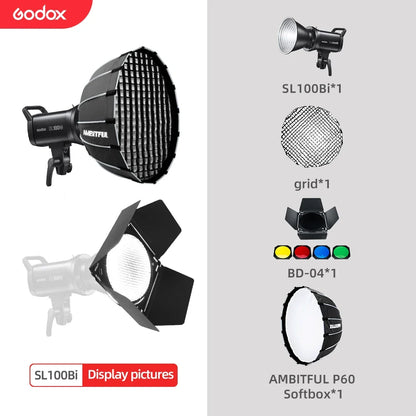 Godox SL100Bi LED Video Light - 100W Bi-Color 2800-6500K Studio Light with Bowens Mount & LCD Display