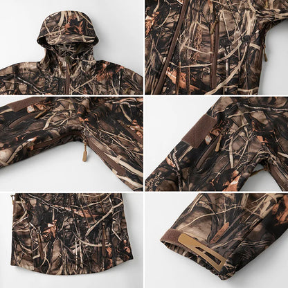 Men’s Camouflage Soft Shell Jacket - Waterproof Warm Fleece Tactical Hunting and Outdoor Hooded Coat
