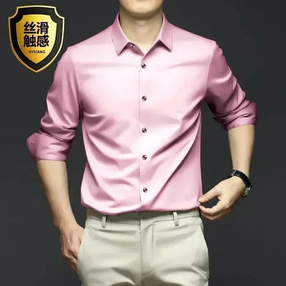 Men’s Luxury White Dress Shirt - Wrinkle-Resistant Ice Silk Glossy Long Sleeve Business Casual Shirt S-6XL
