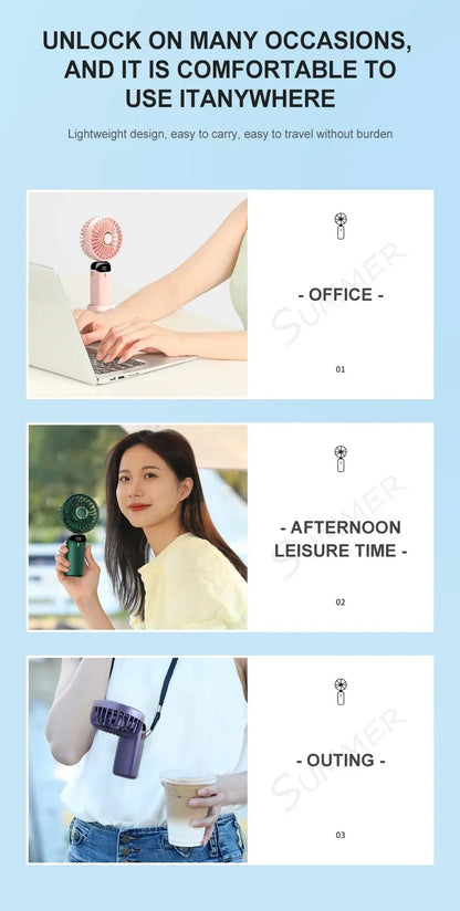 5000mAh Handheld Mini Fan – Wireless USB Rechargeable Portable Fan with Digital Display, Phone Holder, 5-Speed Foldable Neck Hanging Fan