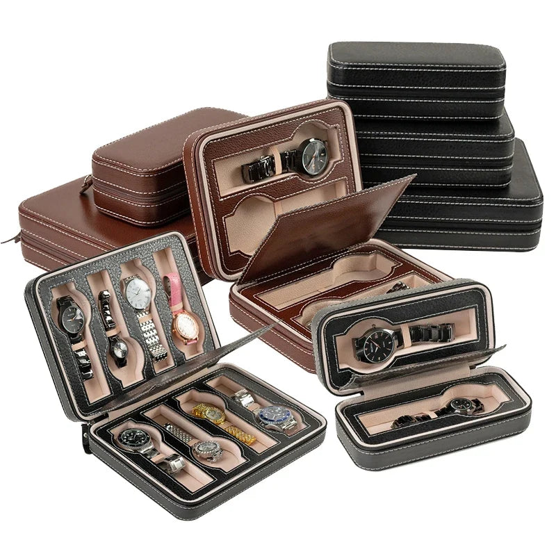 Portable Watch Storage Box Organizer - 6/10/12 Grid Zipper Display Case for Watches & Accessories