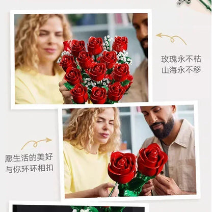 968PCS Romantic Rose Flower Bouquet Building Blocks – Creative DIY Home Desk Plant Decoration Toy for Girls & Ladies