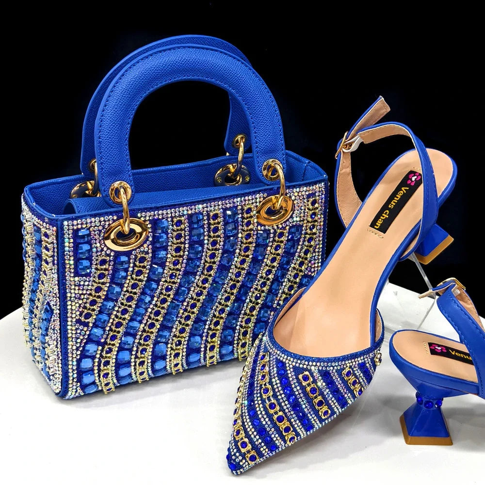 Women’s Fuchsia Rhinestone Shoe & Bag Set - Shiny Italian Style Pointed Toe High Heel Fashion Accessories