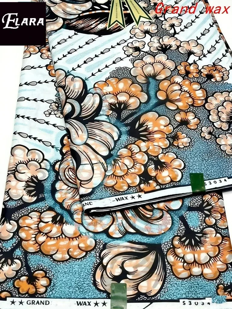 African Real Wax Print Fabric - Grand Original Ankara Blue Cotton Wax Material 6 Yards for Stylish Dresses & Uniforms