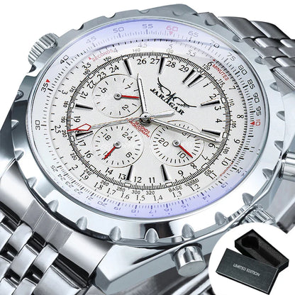JARAGAR Pilot Mechanical Watch for Men – Multifunctional Small Dials, Leather & Steel Strap, Sports Military Automatic Watch