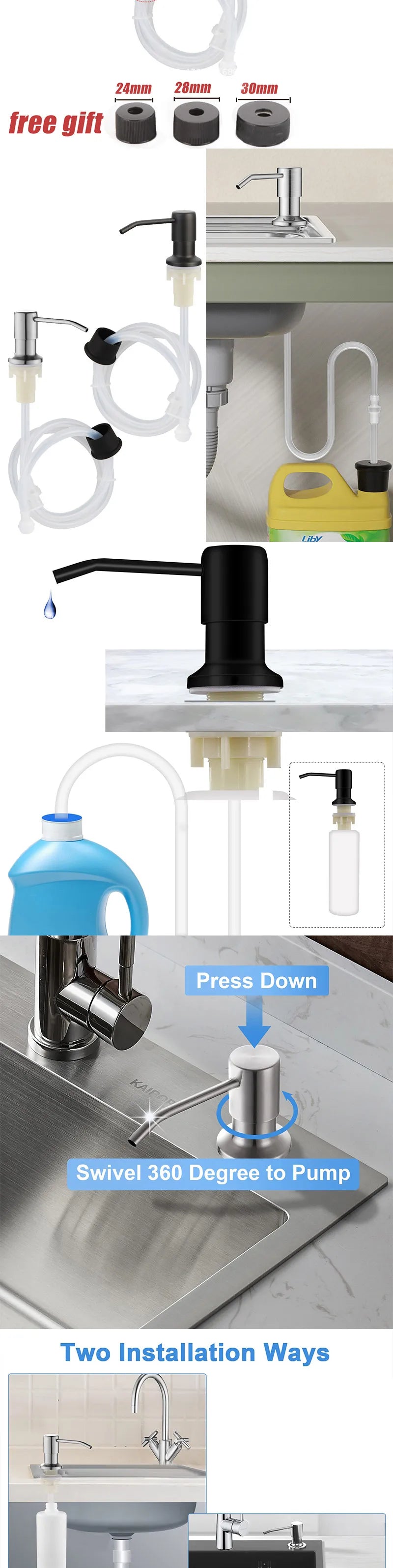 304 Stainless Steel Kitchen Sink Soap Dispenser — Extension Tube & Pump Head for 350/500ml Dish Soap Bottles