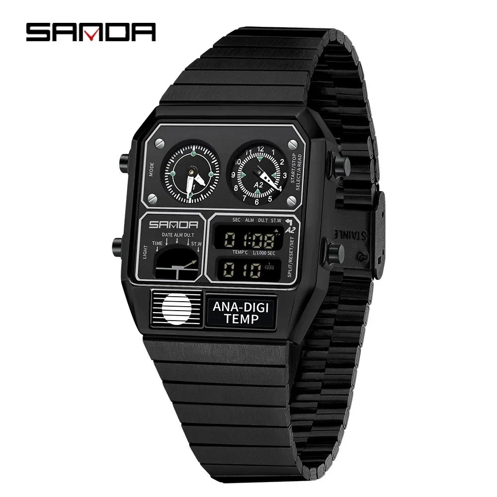 SANDA 3192 LED Electronic Men's Watch – Square Casual Multi-Function Thermometer Stopwatch Chronograph