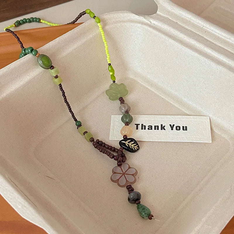 Ethnic Stone Beaded Flower Necklace - Hollow Pendant Adjustable Rope Chain Boho Beach Jewelry Gift for Women