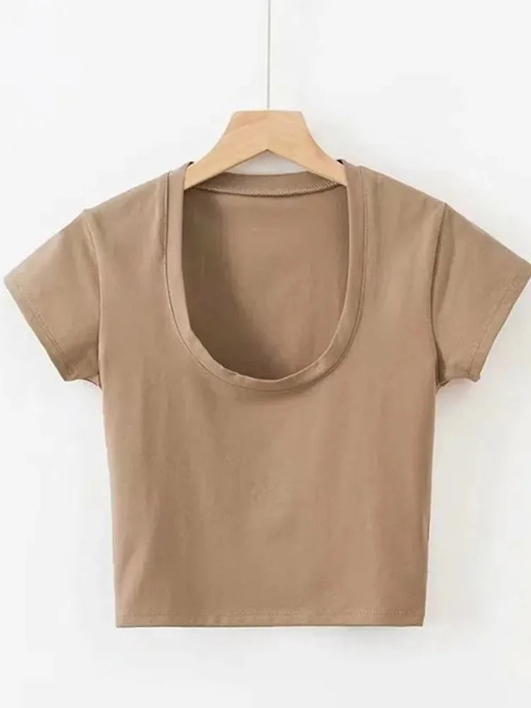 Women’s U-Neck Crop Top – Solid Color High Waist Slim Fit Short Sleeve Casual Streetwear T-Shirt
