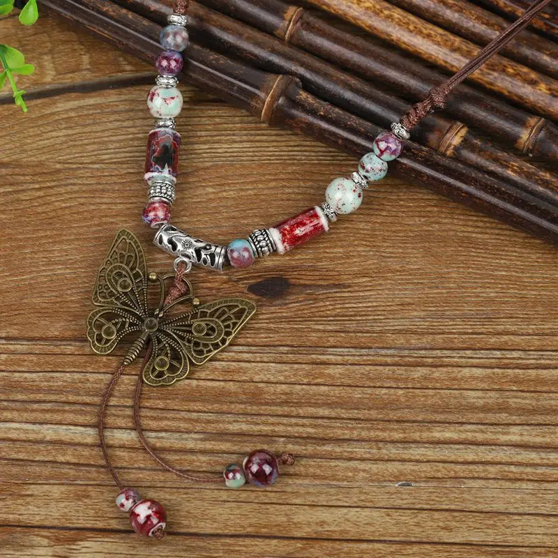 Vintage Butterfly Ceramic Necklace - Handmade Ethnic China-Chic Collar Chain Jewelry for Women’s Vacation Style