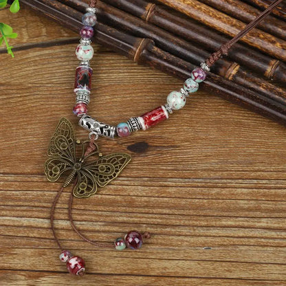 Vintage Butterfly Ceramic Necklace - Handmade Ethnic China-Chic Collar Chain Jewelry for Women’s Vacation Style