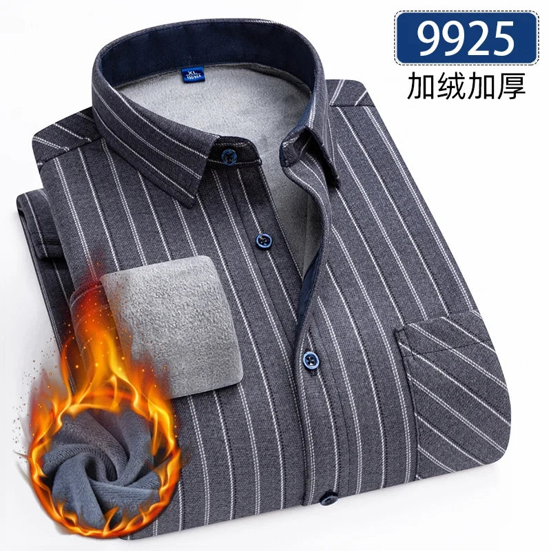Men’s Fleece Plaid Shirt - Warm Thick Long Sleeve Business Check Shirt with Single Pocket for Autumn & Winter