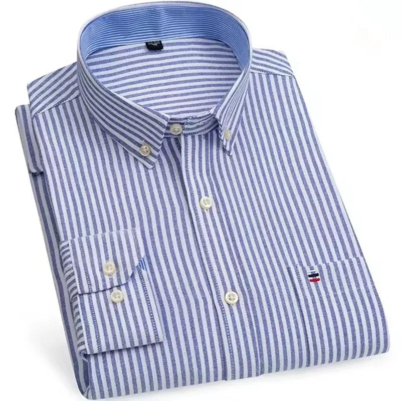 Men’s Checkered Oxford Shirt - Long Sleeve Cotton Button Down Gingham Top with Single Pocket 6XL-7XL