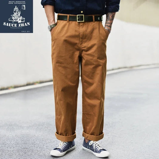 SauceZhan XX001 Chino Pants - Men's Vintage Cotton Cargo Trousers with Loose Straight Fit